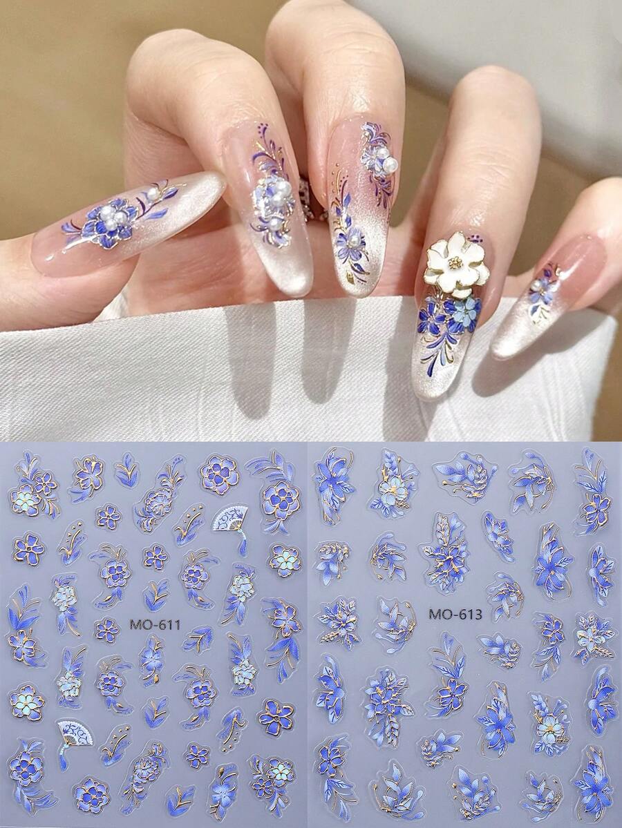 2片青铜色和紫色花朵美甲贴纸，渐变紫蓝色花瓣和金色边缘自粘美甲贴花，优雅花卉美甲沙龙DIY装饰，适合女孩指甲 - 彩色 - 查看 1