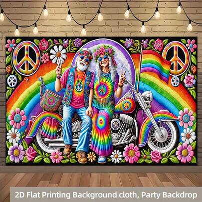 2D Flat, 1 Pc Rainbow Hippie Couple Polyester Party Banner - Vibrant Peace Symbol, Floral And Rainbow Design, No Power Required, Easy To Hang, Durable Wall Decoration, Suitable For Living Room, Bedroom, Office, Outdoor, Patio, Holidays And Home Decor, Hippie Decor, Outdoor Decor, Bohemian Style, Easy Hanging Feature, 2D Flat