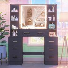 Dressing Table Makeup Vanity Black With Mirror LED Lights 7 Drawers & Shelves - 黑色 - 查看 4