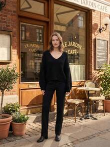 Bộ đồ liền thân bằng len co giãn rộng rãi đơn giản phong cách Bắc Âu dành cho nữ, mua sắm tại nhà, du lịch, mùa thu đông, mùa thu và mùa đông - màu đen - Xem 6