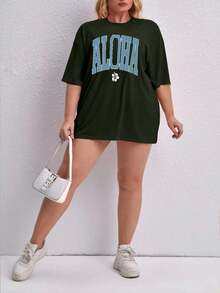 Oversized Printed Aloha Flower T-Shirt, Summer/Spring Short Sleeve Blouse, Lightweight Gym Wear - Army Green - View 4