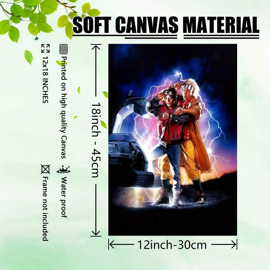 1pc Frameless Back To The Future 2 Movie Poster Canvas Wall Art - 12x18 Inch Vibrant Futuristic Lightning Scene With Marty & Doc Brown & DeLorean Time Machine, High-Quality Print, Dramatic Sci-Fi - 彩色 - 查看 1