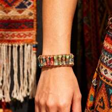 7 Chakra Bracelets For Women Handmade Natural Jasper Stone & With Real Leather Strand Healing Bead Bracelet Women Men Boho Friendship Jewelry,Colored-Leather - 彩色皮革 - 查看 4