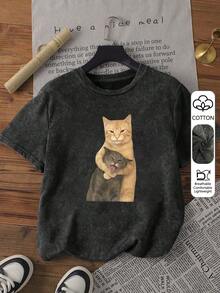 Funny Cat Print Short Sleeve T-Shirt, Cute Personalized Small Batch Design Top, Plus Size Women's T-Shirt, Washed Cotton T-Shirt, Plus Size Casual Daily Wear, Snowflake Pattern Fabric, Plus Size Comfortable Round Neck Casual Top, Vintage Distressed T-Shirt, Plus Size Women's Clothing, Spring/Summer Apparel