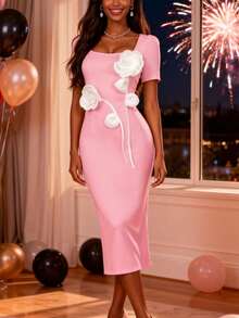 AOMEI Elegant Regular Size Pink Bodycon Midi Dress With 3D White Floral Embellishments & Square Neck Puff Sleeves Ideal For Bridal Showers, Cocktail Parties, Formal Events, Birthdays & Wedding Guest Attire Chic Evening Dress From Stylish Clothing Collection For New Year's Eve & Valentine's Day - Baby Pink - View 1