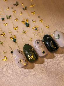 1 buc fluture verde fermecător cu folie aurie insecte fluturânde, stele și lună autocolante 5D pentru unghii mistice grădină cerească autoadezive artă pentru manichiură inspirată din natură pentru femei decorare