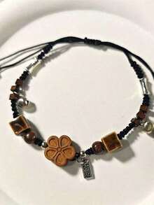 1pc Black New Chinese Style Peach Blossom Elegant Oriental Handmade Adjustable Woven Bracelet, Suitable For Women's Daily Wear - 黑色 - 查看 4