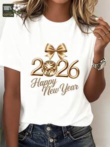 Camiseta de Mujer con Estampado de Año Nuevo 2026 - Número Brillante 2026 y Diseño de Lazo Disco, Manga Corta Transpirable, Cuello Redondo, Top Casual para Fiesta de Año Nuevo 2025-2026,  Atuendo de Celebración - Blanco - Ver 1