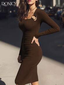 DONICY 优雅女士连衣裙，春夏纯色金属环装饰修身长袖中长连衣裙，时尚复古别致的办公室通勤连衣裙，适合约会、购物、商务聚会，咖啡色 - 咖啡棕 - 查看 7