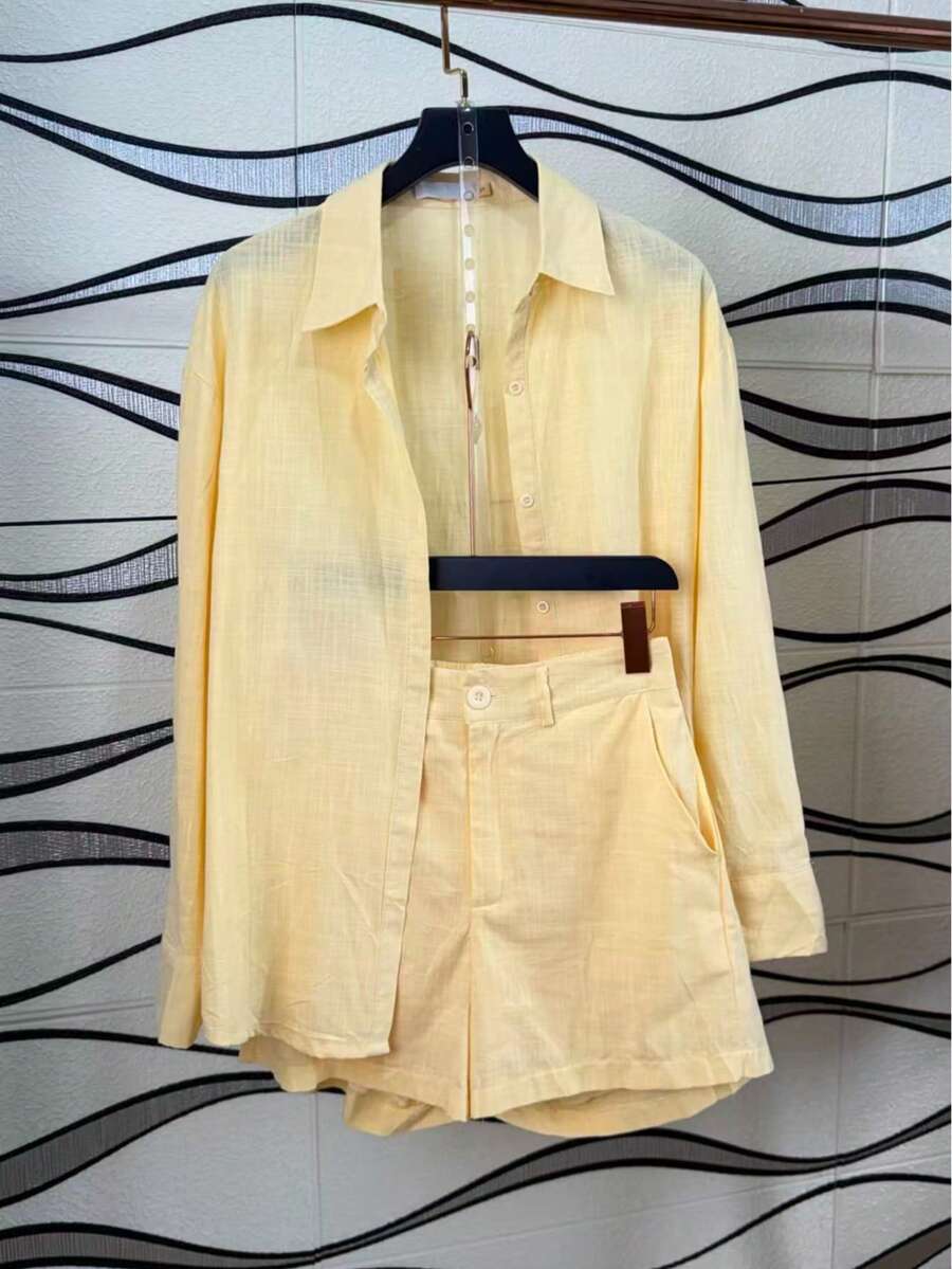Linen Shirt And Shorts Set (2 Pieces) - Yellow - View 1