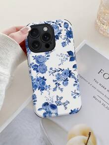 1pc Blue Floral Pattern Shockproof Soft TPU+PC Hybrid Phone Case Compatible With Apple 11/12/13/14/15/16/16 Plus/16 Pro/16 Pro Max/17/17 Air/17 Pro/17 Pro Max - Multicolor - View 1