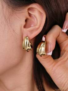 6-30pcs Gold-Plated Flower Petal & Geometric Textured C-Shaped Earring Set, Suitable For Daily Wear, Great Gift For Family, Friends And Girlfriends - Yellow Gold - View 9