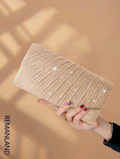 REMANLAND 1 st elegant veckad glänsande damhandväska, trendig glamorös kvällsplånbok för kvinnor, kuvertväska med dolda kortfack och fack, axelväska med avtagbar metallkedja, perfekt för festtjejer, brudar och högtidsgåvor