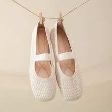 女士休闲春夏玛丽珍鞋，系带针织方头软底鞋 - 米白色小格子 - 查看 11