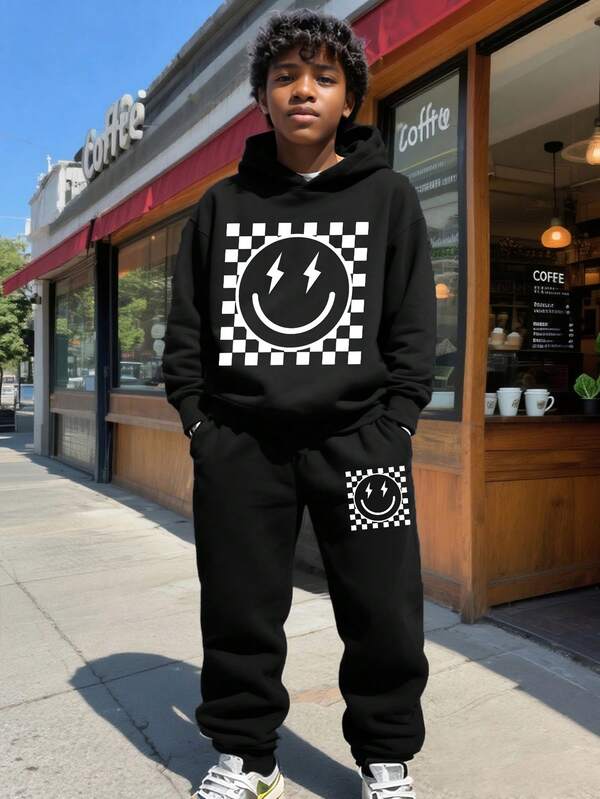 Tween Boy Smiling Face Print Warm Hoodie And Sweatpants Set