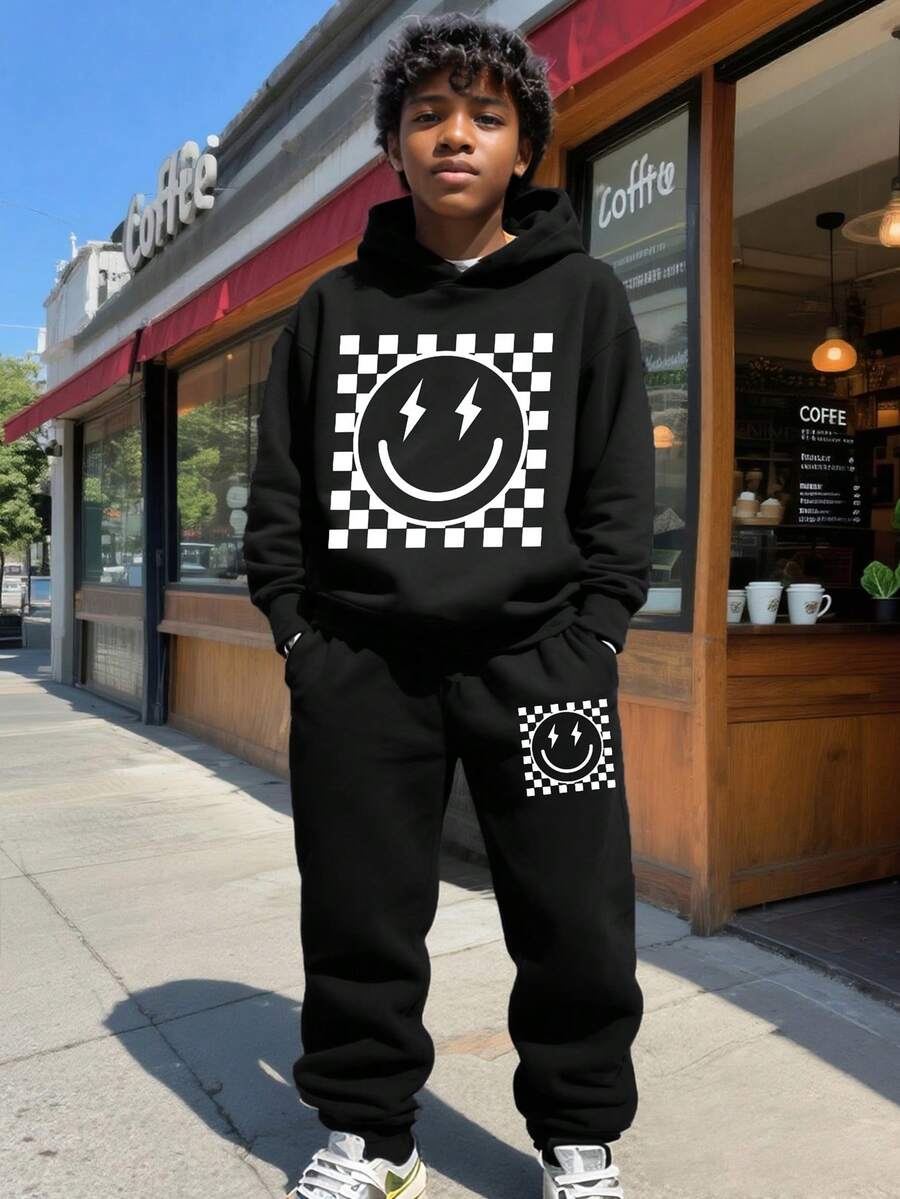 Tween Boy Smiling Face Print Warm Hoodie And Sweatpants Set - Black - View 1