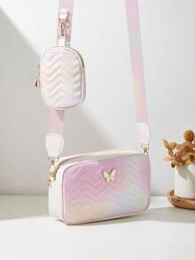 1 pieza Conjunto de bolso bandolera y monedero con patrón floral ondulado para niñas, 2 piezas de moda, color degradado aleatorio, adecuado para varias ocasiones - M2182 - Ver 3