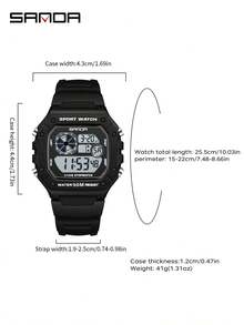 SANDA 2202 时尚男士电子手表 运动多功能防水 LED 发光单屏小方电子手表 - 黑與白 - 查看 6