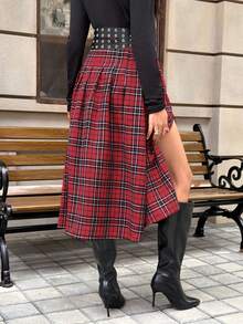 女士优雅Y2K纯红色格子A字裙，休闲中长格子裙，适合派对、通勤、新年、情人节等场合 - 彩色 - 查看 5