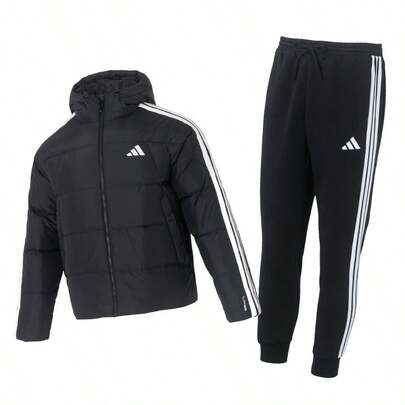 Adidas Men's Sports Casual Suit: Stand-Up Collar Down Jacket + Knitted Trousers. Comfortable And Soft Everyday Casual Hooded Down Jacket, Lightweight, Suitable For Daily Commuting, Comfortable Knitted Fleece-Lined Trousers.