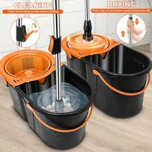 Spin Mop And Bucket With Wringer Set Double Bucket Separate Dirty Water 360° Spinning Mop System With 3 Microfiber Mop Heads Clean Water Mop Set For Floor Cleaning - Xám cam - Xem 3
