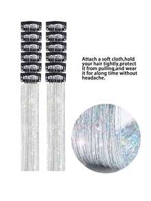 12片/套 女士激光闪光丝带直发接发片，7种颜色亮泽发夹套装