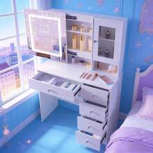 Dressing Table With 5 Drawers LED Mirror Set Makeup Desk Vanity Table Bedroom - White - View 4
