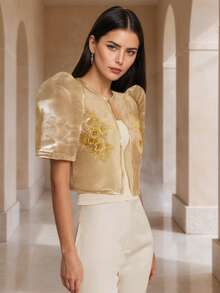 Amyenjoylife Modern Filipiniana Top,Butterfly Sleeves Filipiniana,1 Women's Summer Elegant Temperament Flower Embroidery Bubble Sleeve Short Sleeved Shirt - Gold - View 5