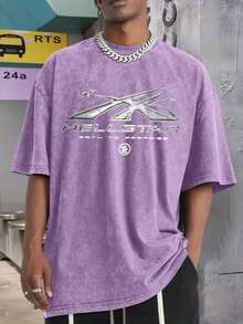 Men's Printed Pattern Washed T-Shirt - Casual Loose Summer T-Shirt With Star And Flame Design, Adult Brown 100% Pure Cotton Round Neck Shirt, Breathable T-Shirt |   Avant-Garde Casual Wear |   100% Pure Cotton Printed T-ShirtNew Casual T-Shirts For Men And Women - Màu tím - Xem 3