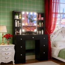 Modern Dressing Table Set With Large Mirror And 7 Drawers Wood Makeup Desk Black - Schwarz - Übersicht 7