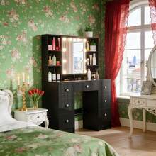 Modern Dressing Table Set With Large Mirror And 7 Drawers Wood Makeup Desk Black - Schwarz - Übersicht 2