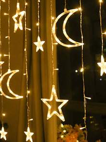 1pc 138L Moon & Star Window Curtain Light, 8 Modes USB Camping Decor Lamp, Star String Lights, LED Pentagram Fairy Lights, Suitable For Christmas, Festivals, Weddings, Holidays - Ánh sáng ấm áp - Xem 6