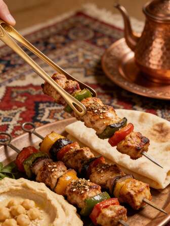 1 Set Of Golden Carved Barbecue Clip, Golden Barbecue Clip, Shiny Gold Dining Clip, Long Handle Fixture, Metal Luster Clip, Very Suitable For Ramadan, Gatherings, Barbecue, Cooking Scenes, Barbecue Food Picking, Meal Sorting Tools, High Temperature Applicable Fixtures, Gathering And Meal Sorting Auxiliary Tools