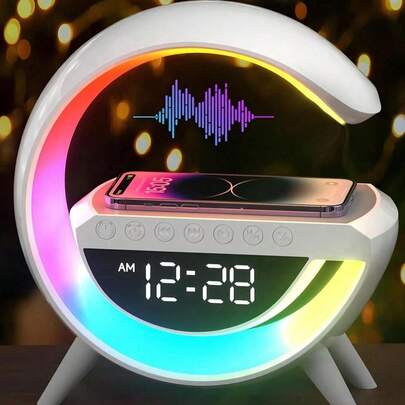 1/2个多功能G形蓝牙音箱数字闹钟，带无线充电和RGB氛围灯，现代游戏室装饰床头柜装饰，适用于卧室、家庭办公室，氛围灯可调节，是情人节的理想礼物