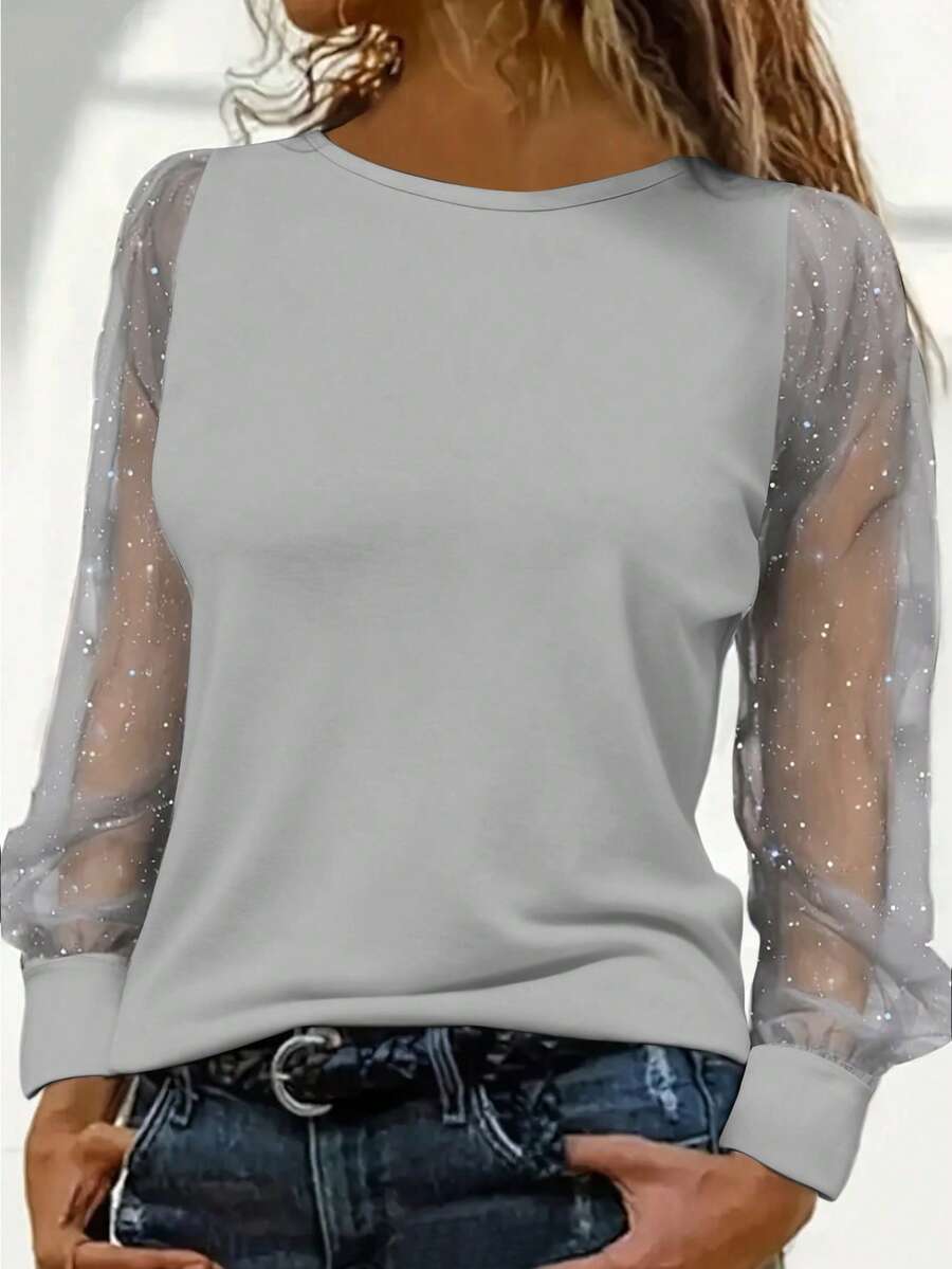 Áo dài tay lưới đính sequin màu xám nhạt, thiết kế tay phồng xuyên thấu gợi cảm, thân thiện với da, tôn dáng, đa năng, thanh lịch cho mùa xuân/thu, hẹn hò/đi làm, tay áo phối lưới đính sequin độc đáo, trang phục cưới/dự tiệc, dành cho nữ dịp lễ/Ngày Valentine/Mùa xuân. - Màu Xám nhạt - Xem 1