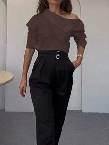 女士高领纯色纽扣装饰短款时尚长袖衬衫，春夏款 - 咖色 - 查看 4