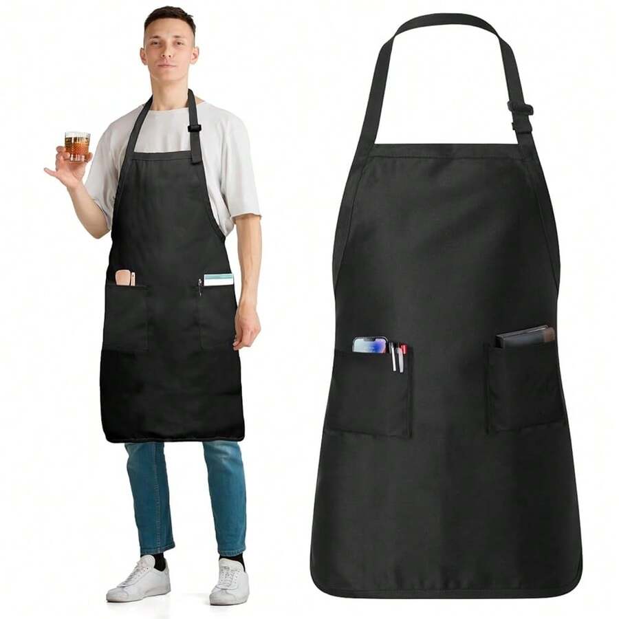 Adjustable Cotton Chef Aprons With 2 Pockets And Complimentary Bandana, Kitchen Apron For Women And Men,1Pack-Black - 1 gói - Màu đen - Xem 1