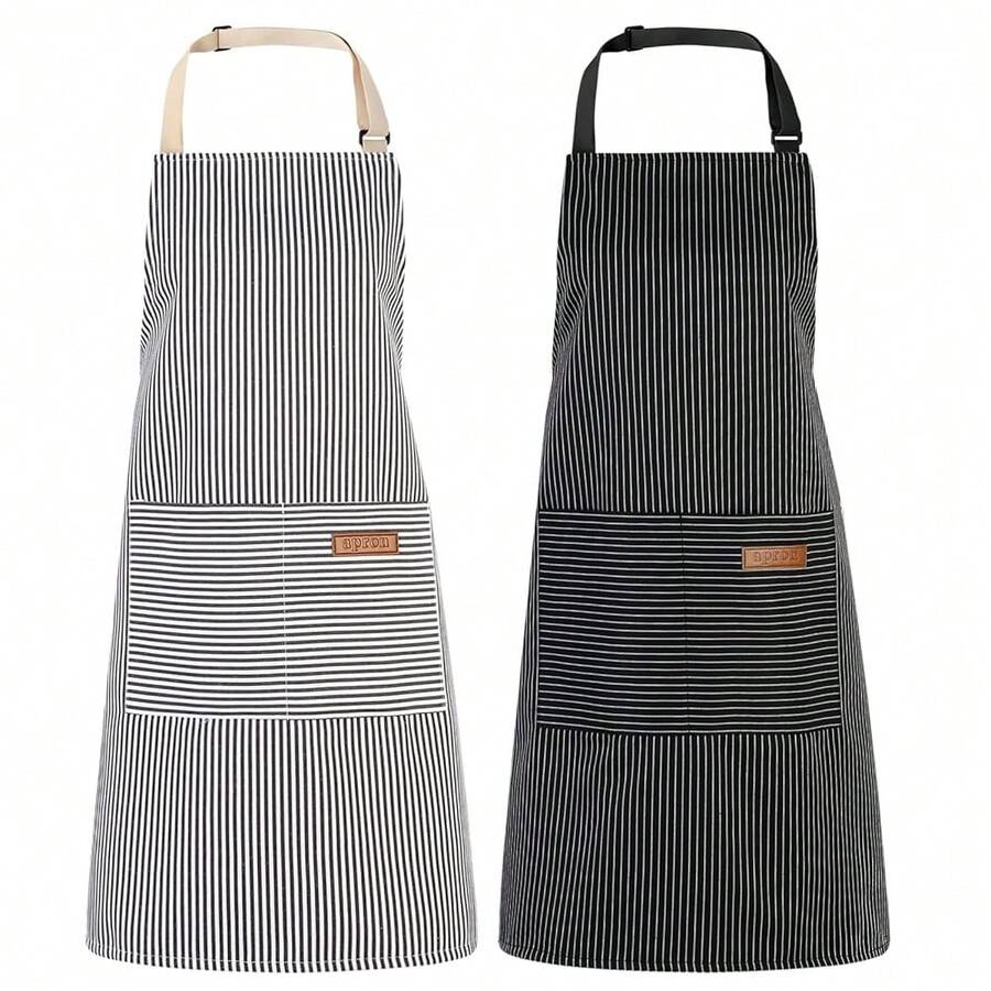 2 Pack Kitchen CooFKing Aprons, Adjustable Bib Chef Apron With 2 Pockets For Women Men, For CooFKing, Cleaning,Black+Grey - 黑色+灰色 - 查看 1