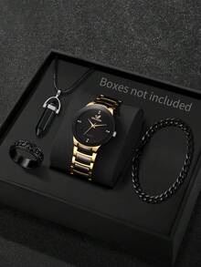 4pcs/Set Men's Gift Watch - Classic Fashion Minimalist Diamond Scale Dial Stylish Casual Business Quartz Wristwatch + Bracelet + Necklace + Ring (Watch Box Not Included) - Black - View 1