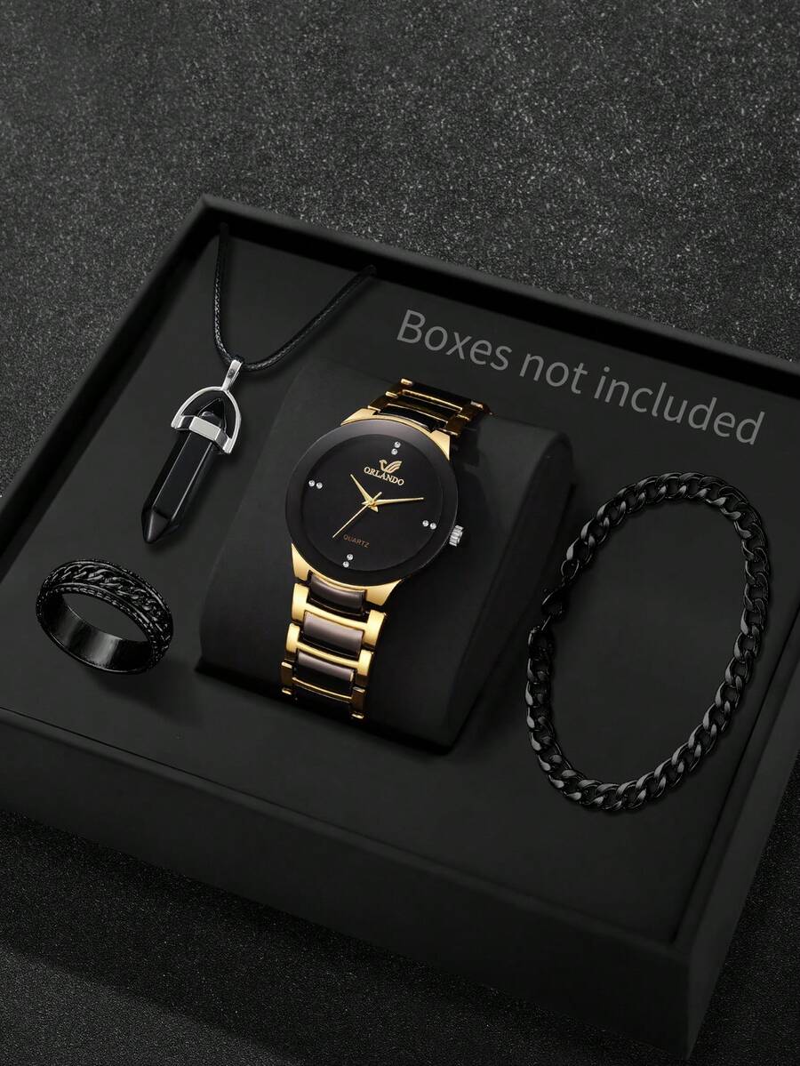 4pcs/Set Men's Gift Watch - Classic Fashion Minimalist Diamond Scale Dial Stylish Casual Business Quartz Wristwatch + Bracelet + Necklace + Ring (Watch Box Not Included) - Black - View 1
