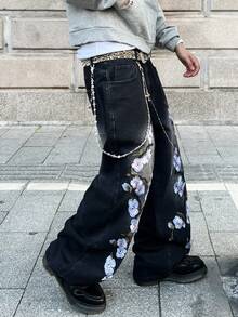 1pc Casual Loose Fit Embroidered Wide Leg Jeans, American Street Style, Comfortable Cotton Denim Pants, No Belt & Accessories - 黑色 - 查看 2