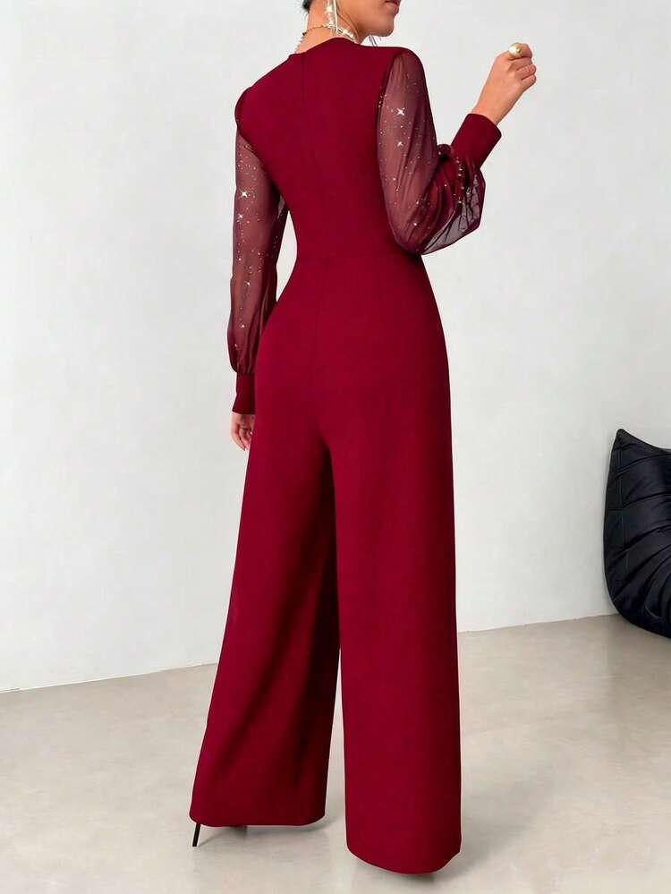 Women's Crossed V-Neck Mesh Lantern Sleeve Pleated Wide Leg Elegant Jumpsuit Spring - Burgundy - View 2
