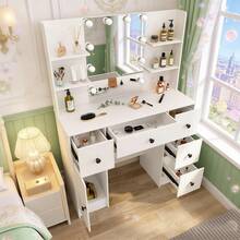 Dressing Table Vanity Set Makeup 10 LEDs Mirror Jewellery Organizer - White - View 3