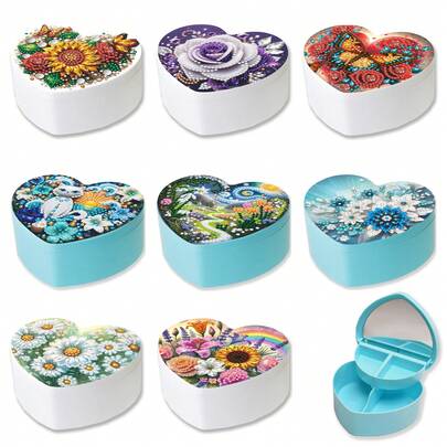 1 pieza/8 piezas Kit de pintura de diamantes DIY Caja de almacenamiento de joyas, patrones de girasol arcoíris, rosa morada, mariposa, margarita, gato, arte de diamantes de forma especial, caja de joyas portátil para anillos, collares, pulseras, organizador de maquillaje con espejo, accesorios de almacenamiento de escritorio de plástico y vidrio, soporte para aretes y lazos para el cabello - Diseño minimalista personalizado, regalo de Navidad, Pascua, Año Nuevo, Día de San Valentín, cumpleaños para seres queridos, decoración elegante de escritorio