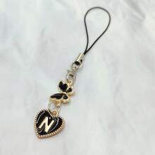 1pc Metal Heart & English Letter A-Z Pendant Phone Lanyard, Black Vintage Style A-Z Letter & Elegant Butterfly Phone Charm