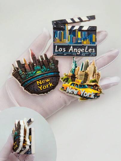 1 pieza Imán de nevera con diseño de la ciudad estadounidense, con la Estatua de la Libertad/Skyline de la ciudad de Nueva York, la claqueta de Los Ángeles, un imán de recuerdo en 3D estereoscópico, un regalo de recuerdo de viaje, un regalo decorativo creativo, un imán de nevera de resina en relieve 3D de alta gama hecho de PVC, decoración de cocina, imán de paisaje famoso del mundo, regalo de decoración del hogar para amantes de los viajes
