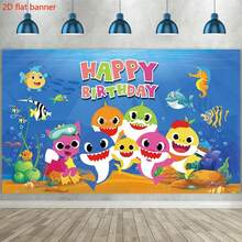 2 Striscioni piatti, Striscione per festa di compleanno a tema squalo singolo, decorato con balene a cartoni animati e sfondo fotografico a tema oceano, adatto per feste di compleanno, festa di nascità, decorazione del tavolo della torta e sfondo fotografico (blu) - Blu - Visualizzare 2