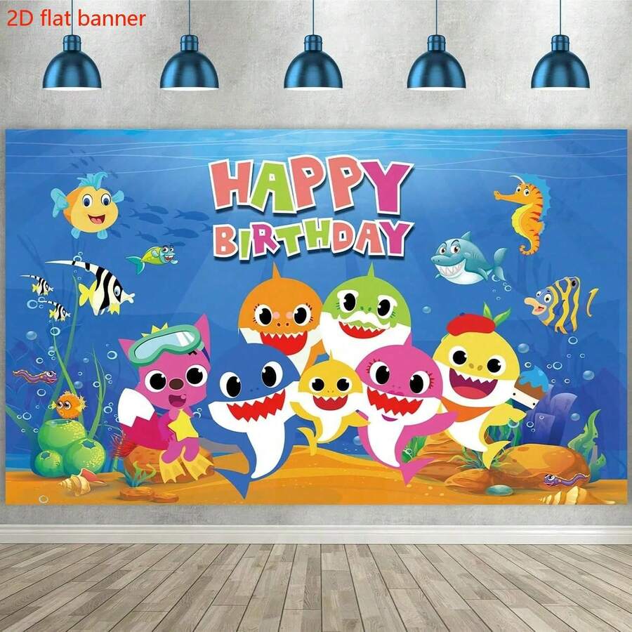 2 Striscioni piatti, Striscione per festa di compleanno a tema squalo singolo, decorato con balene a cartoni animati e sfondo fotografico a tema oceano, adatto per feste di compleanno, festa di nascità, decorazione del tavolo della torta e sfondo fotografico (blu)
