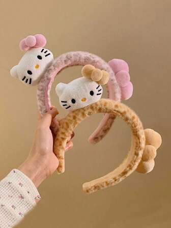 Sanrio 1 pieza Diadema con accesorio de pelo de peluche con estampado de leopardo de Hello Kitty, diadema con pasador dulce para que las niñas se laven la cara y se tomen fotos