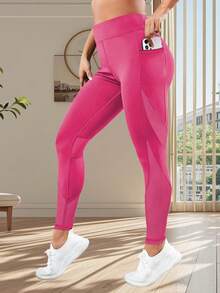 Pantaloni de yoga pentru femei, mărime mare, cu talie înaltă, colanți skinny cu buzunare laterale și panouri de plasă, potriviți pentru alergare, antrenament, ținută casual - Trandafir rosu - Vizualizare 7